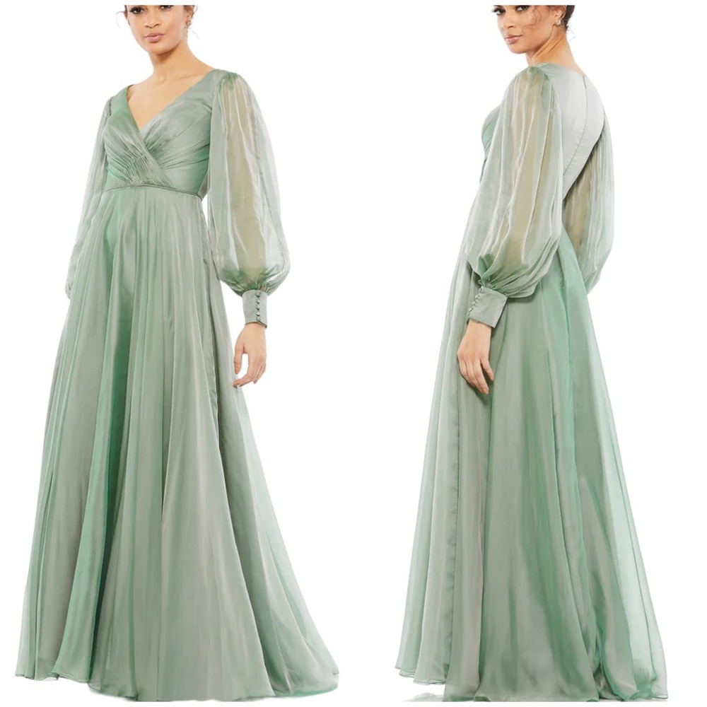 Mac Duggal Sheer Blouson Sleeve Surplice Gown Size 6 Sage Green Faux Wrap *Flaws
